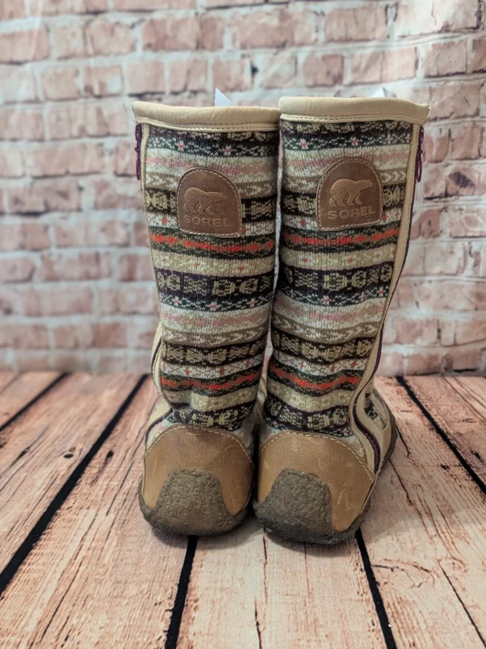 Sorel Norquay Patterned Tan Knit Mid-Calf Sweater Boots with Side Zip Size 8